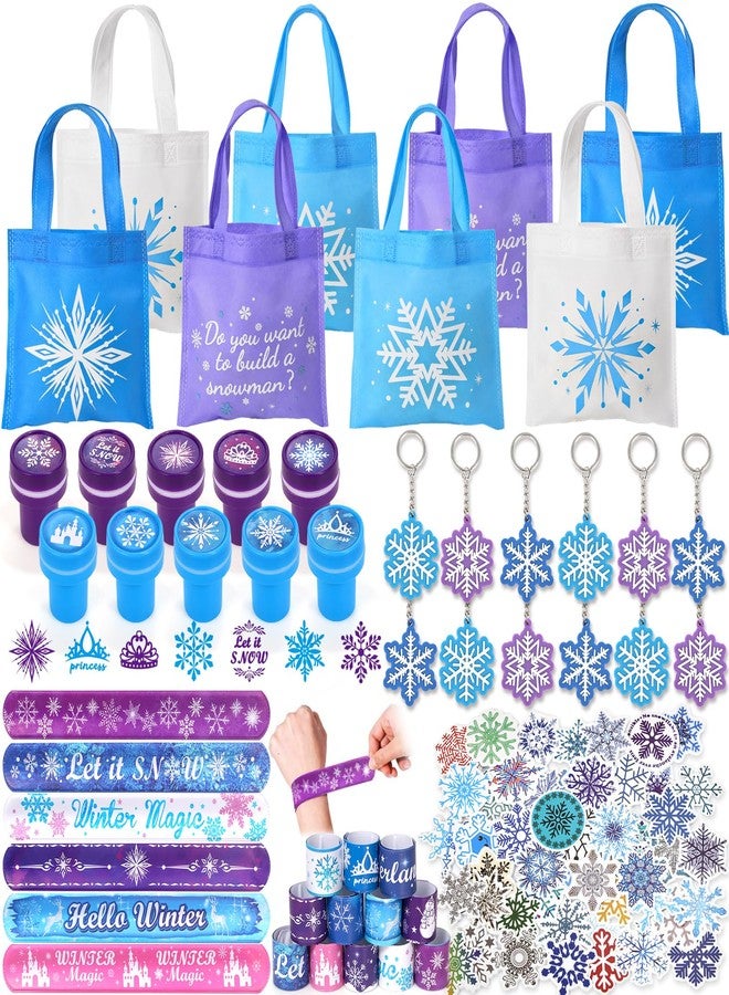 Winrayk 98Pcs Snowflake Party Favors Birthday Supplies, Non Woven Tote Bag Stamper Snowflake Keychain Sticker Slap Bracelet, Goodie Stuffer Classroom Prizes Kids Girls Winter Snow Party Supplies Decor - Image 1